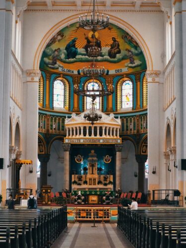 Stunning view of a cathedral's interior in China with intricate details and vibrant colors.