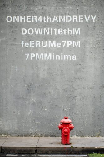 A red fire hydrant stands out against a graffiti-covered concrete wall.