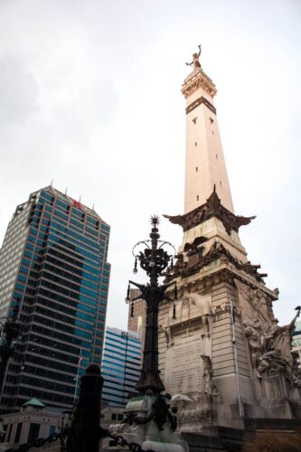 A stunning upward view of the iconic Soldiers and Sailors Monument in downtown Indianapolis.