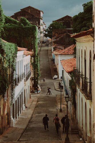 Charming colonial architecture on a cobblestone street in São Luís, Brazil.