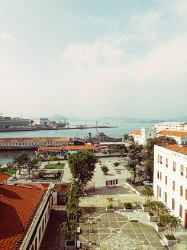 Scenic aerial view of Rio de Janeiro's Maritime Museum and harbor in a sunny day.